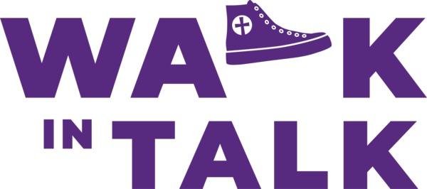 Walk in talk -päivystyksen logo, liila jossa teksti ja kengänkuva