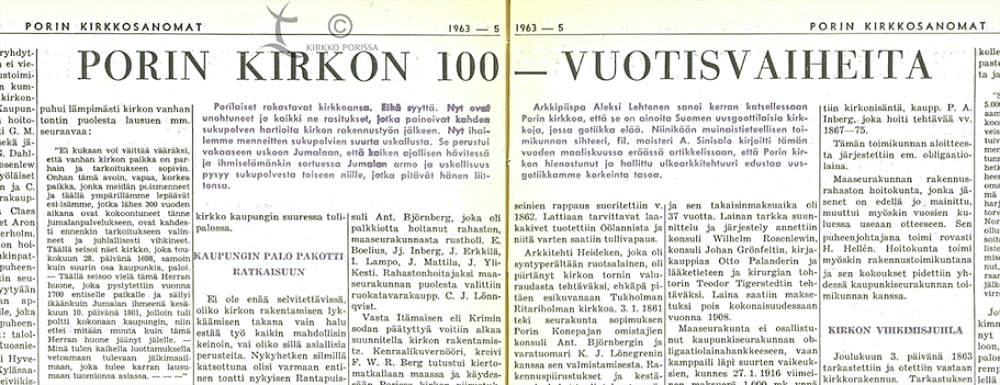  Kirkkosanomien Porin kirkko 100-vuotta -jutusta vuodelta1963