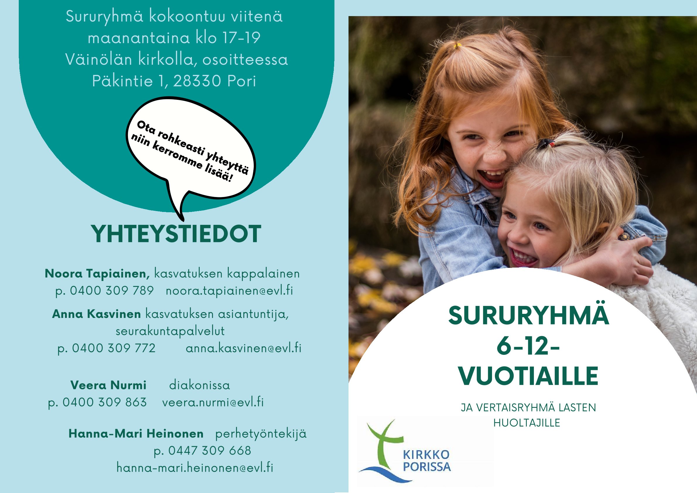 Lasten sururyhmä Kaksi lasta halaa toisiaan. Tekstissä ryhmän nimi ja yhteyshenkilöiden nimet ja yhteystiedot, jotka tekstinä myös tällä sivulla.