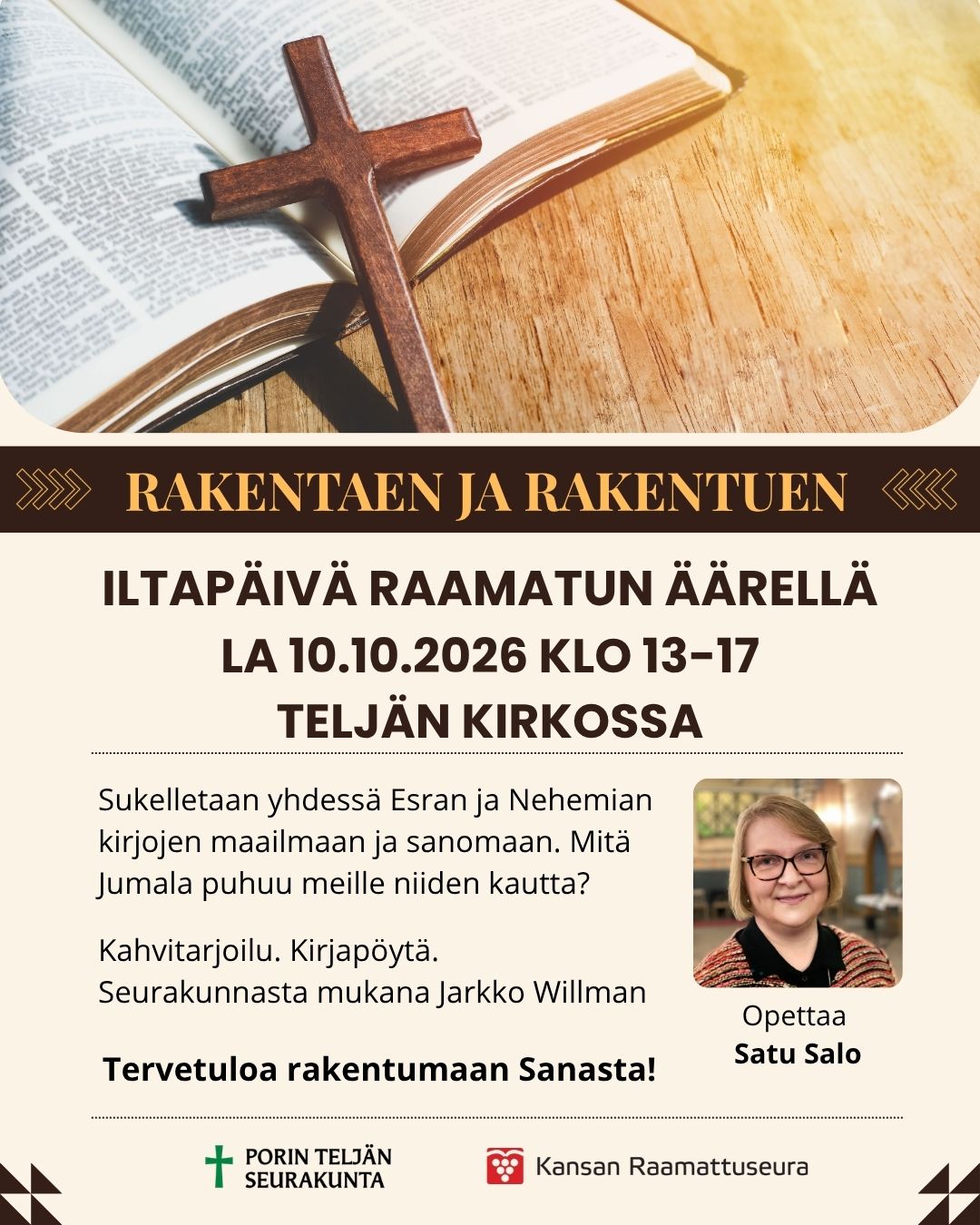 Satu Salon kuva. Avoin Raamattu ja puinen risti.