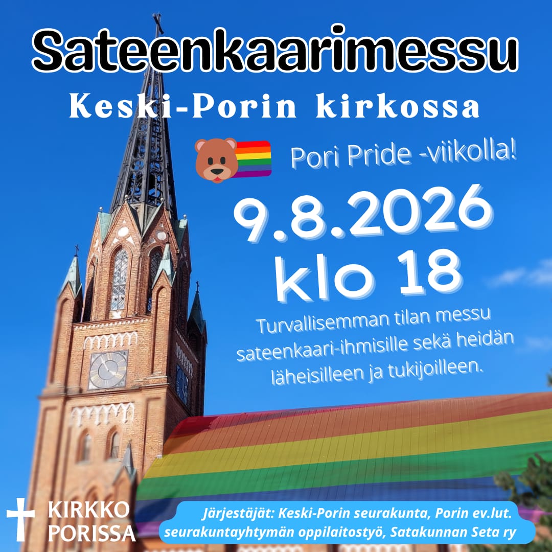 Kuva Keski-Porin kirkosta. Sateenkaaren värit peittävät kirkon katon