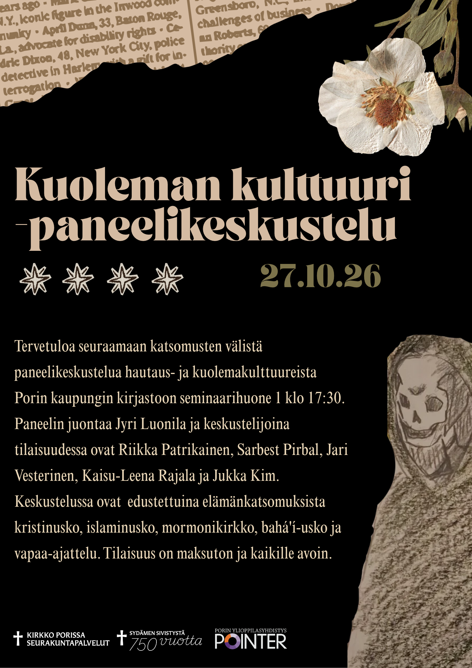 Kuvassa kukka, luurankohahmo sekä infoteksti paneelikeskustelusta