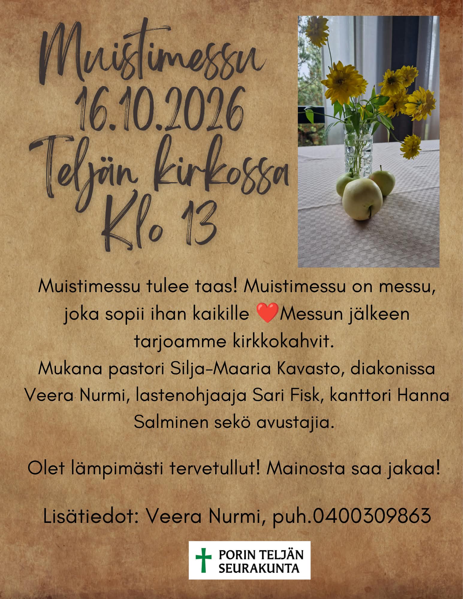 Muistimessun teksti ruskealla pohjalla ja kukkasia maljakossa.