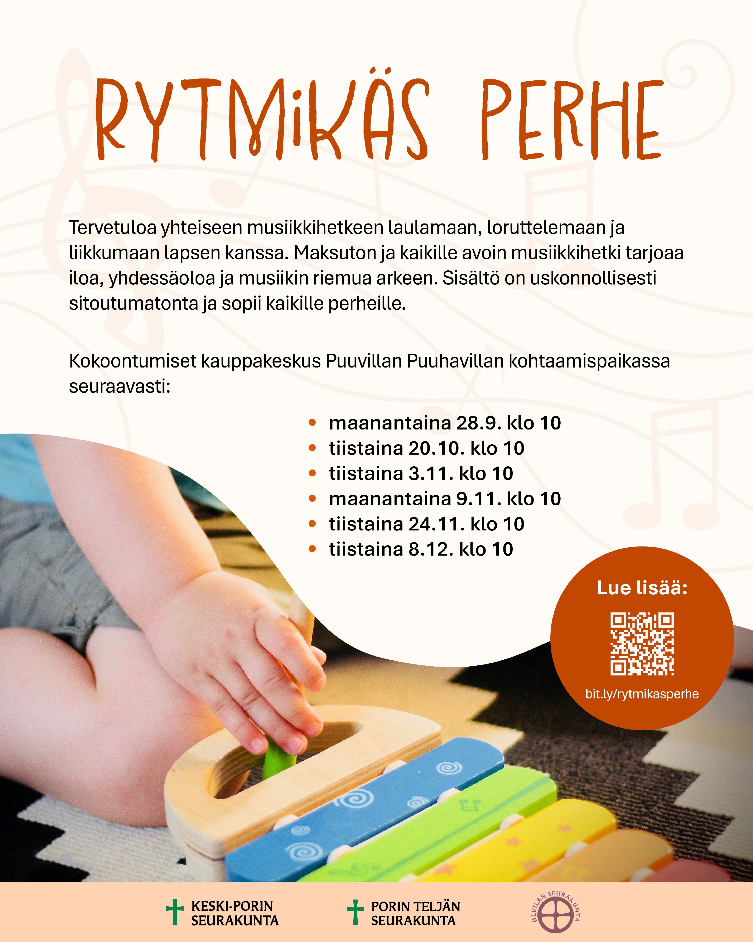 Kuvassa kellopeli ja lapsen käsi. Mainoksessa lisäksi tekstillä lisätietoja toiminnasta, samat jotka kirjoitettu tälle sivulle. Alareunassa logot: Keski-Porin, Porin Teljän ja Ulvilan seurakunnat