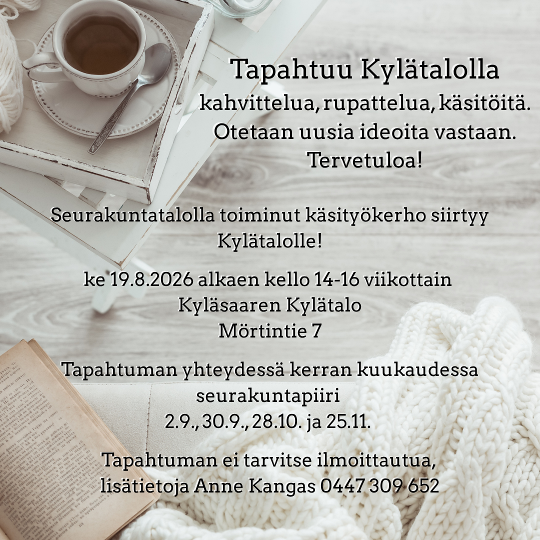 Tekstinä tapahtuman tiedot, taustalla kuva olohuoneesta ylhäältä päin katsottuna, kahvikuppi, neulelanka pöydällä, kirja sohvalla sylissä.