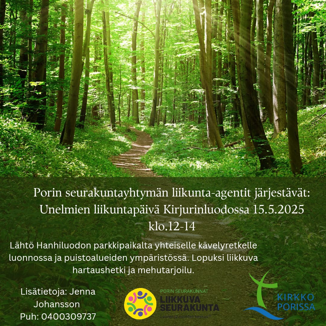 Yhteinen kävelyretki kaikille Kirjurinluodossa kuva vihreästä metsästä, jossa kulkee polku. Kuvan päällä tekstinä tapahtuman tiedot.