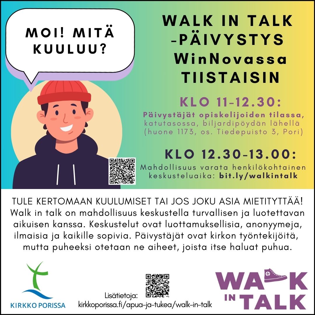 Walk in talk -keskustelupäivystys WinNovassa Mainoskuva WinNovan päivystyksestä keväällä 2025. Mainoksessa samat tiedot kuin sivulla kirjoitettuna. Kuvassa piirretty ihminen, jonka päällä puhekupla jossa lukee