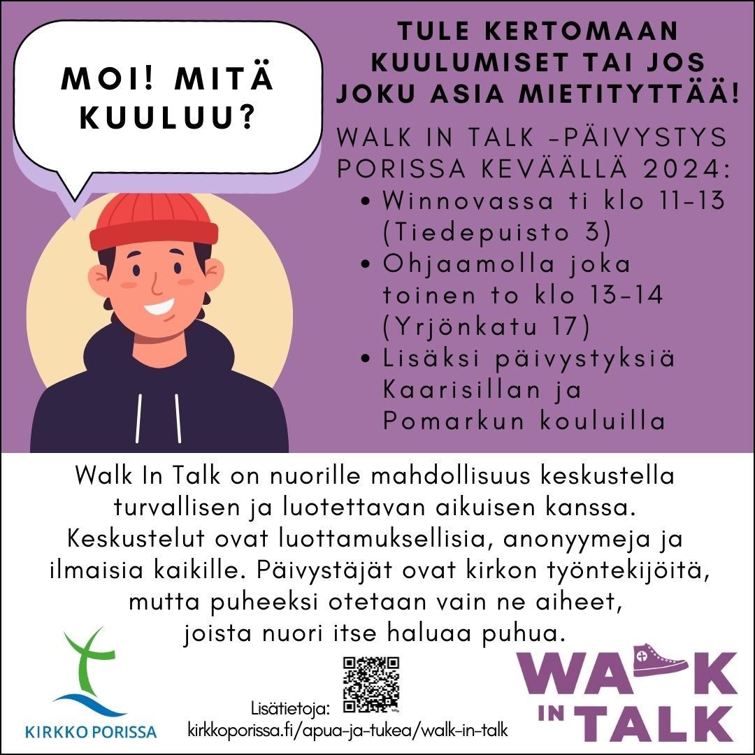 Mainoksessa tiedot mikä Walk in Talk on sekä missä sitä pidetään.