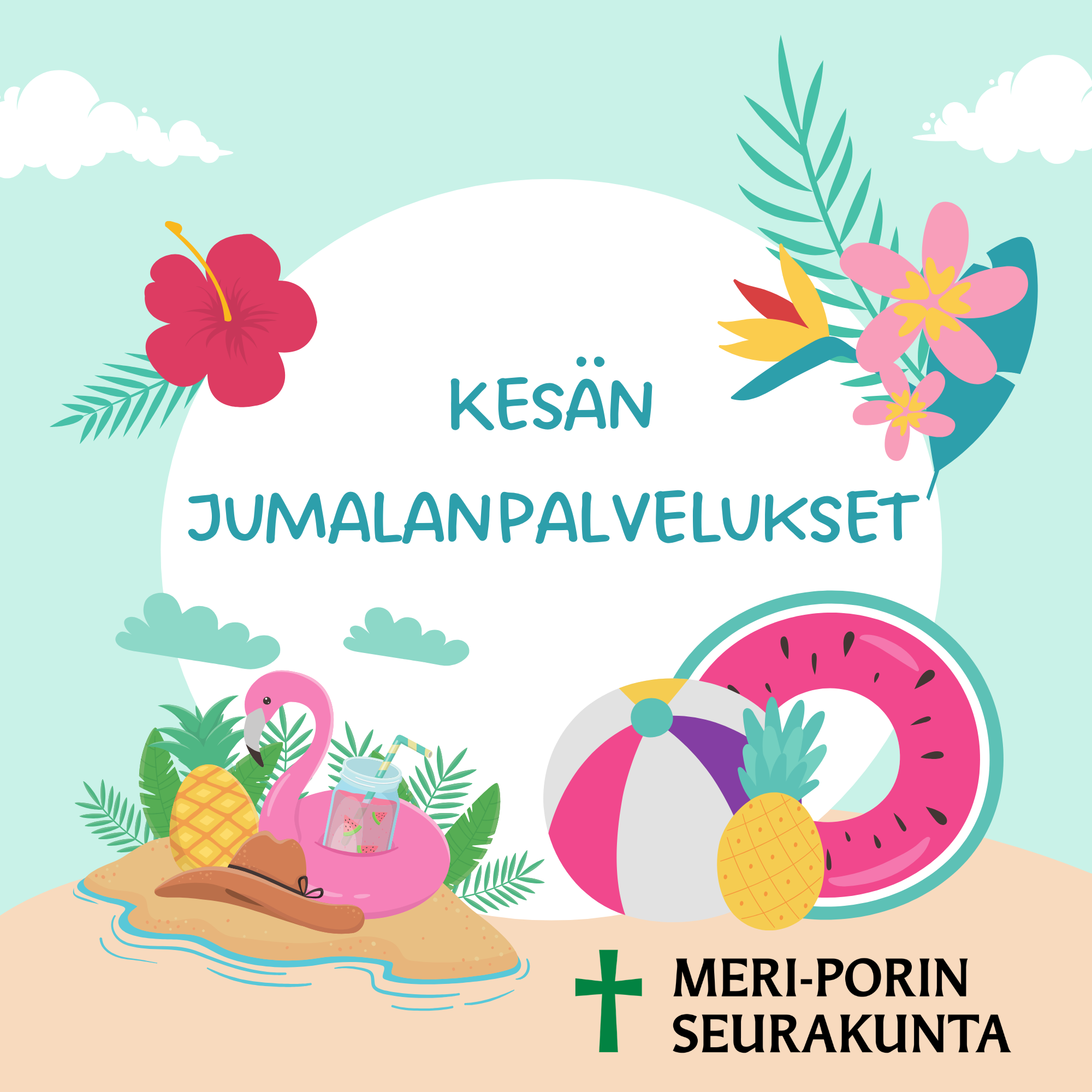 Piirrettyjä kesäkukkia ja vesileluja hiekkakummulla, teksti yläpuolella kesän messut