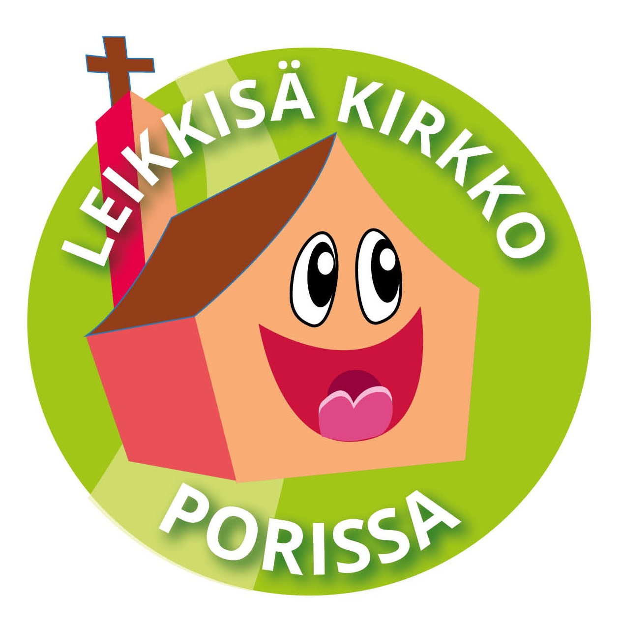 Leikkisä kirkko logo, piirretty kuva laatikkomaisesta kirkosta, millä on hymyilevä suu ja silmät
