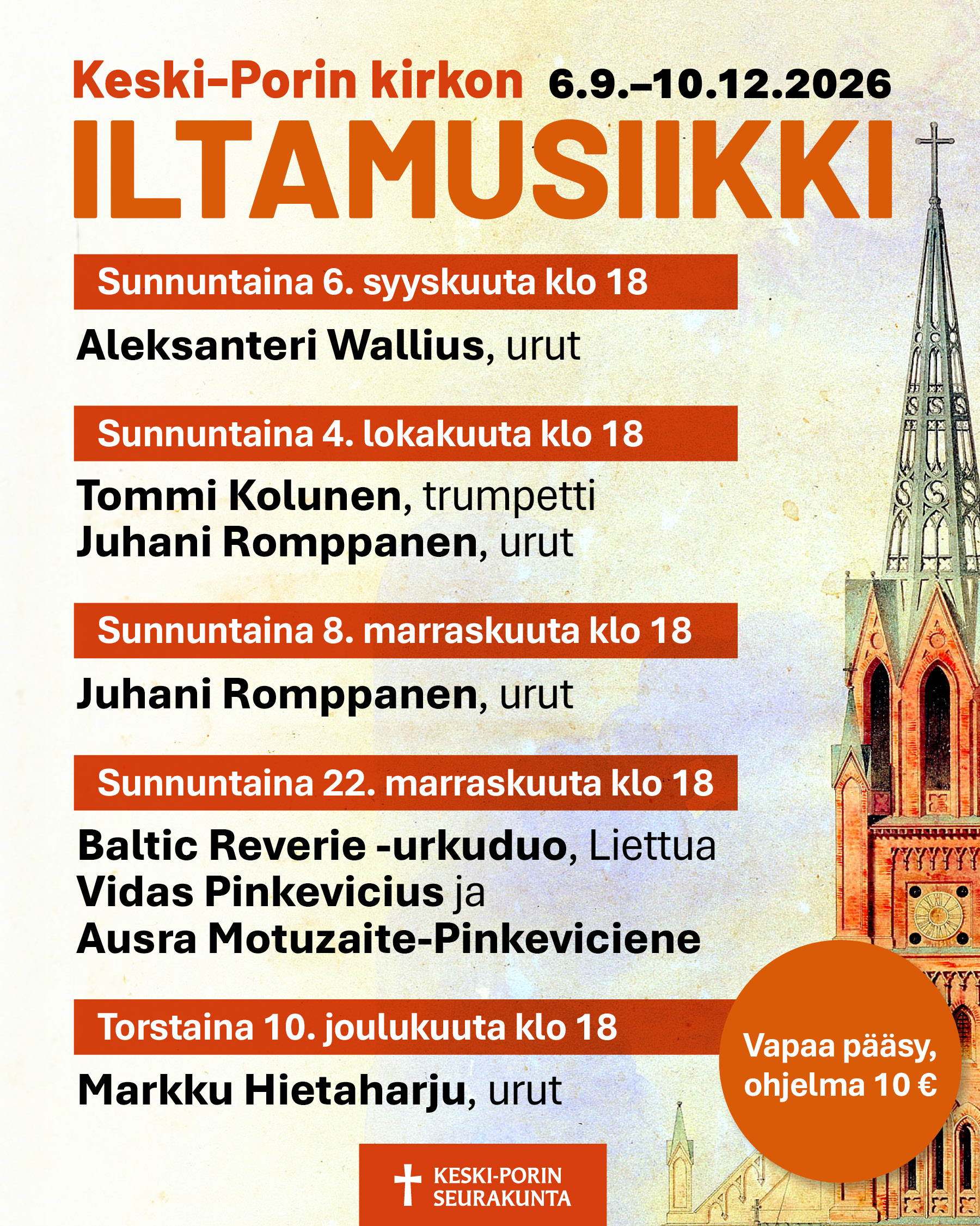 Keski-Porin kirkon iltamusiikkimainos. 
