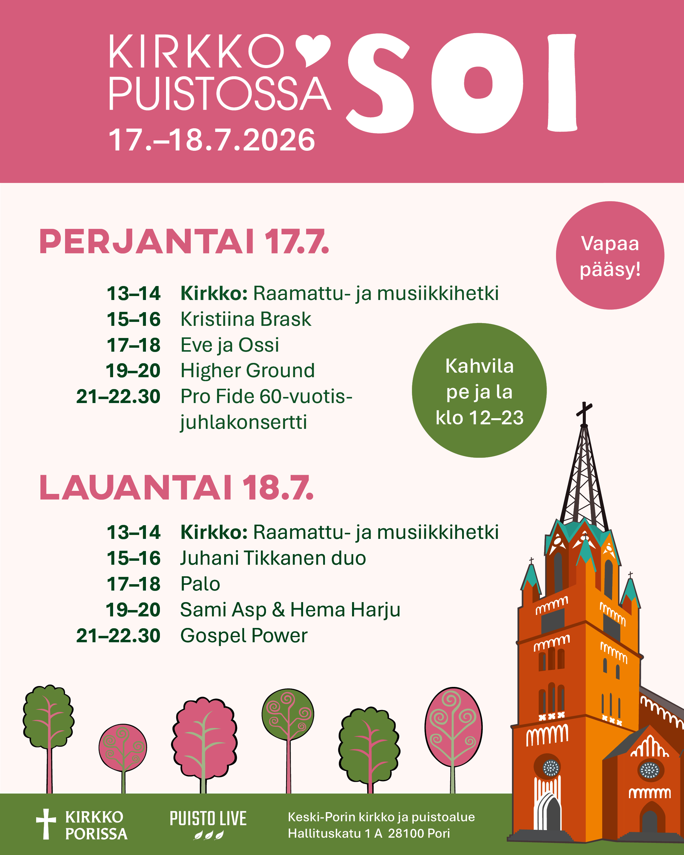 Kirkkopuistossa soi -tapahtuman taitettu mainos.
