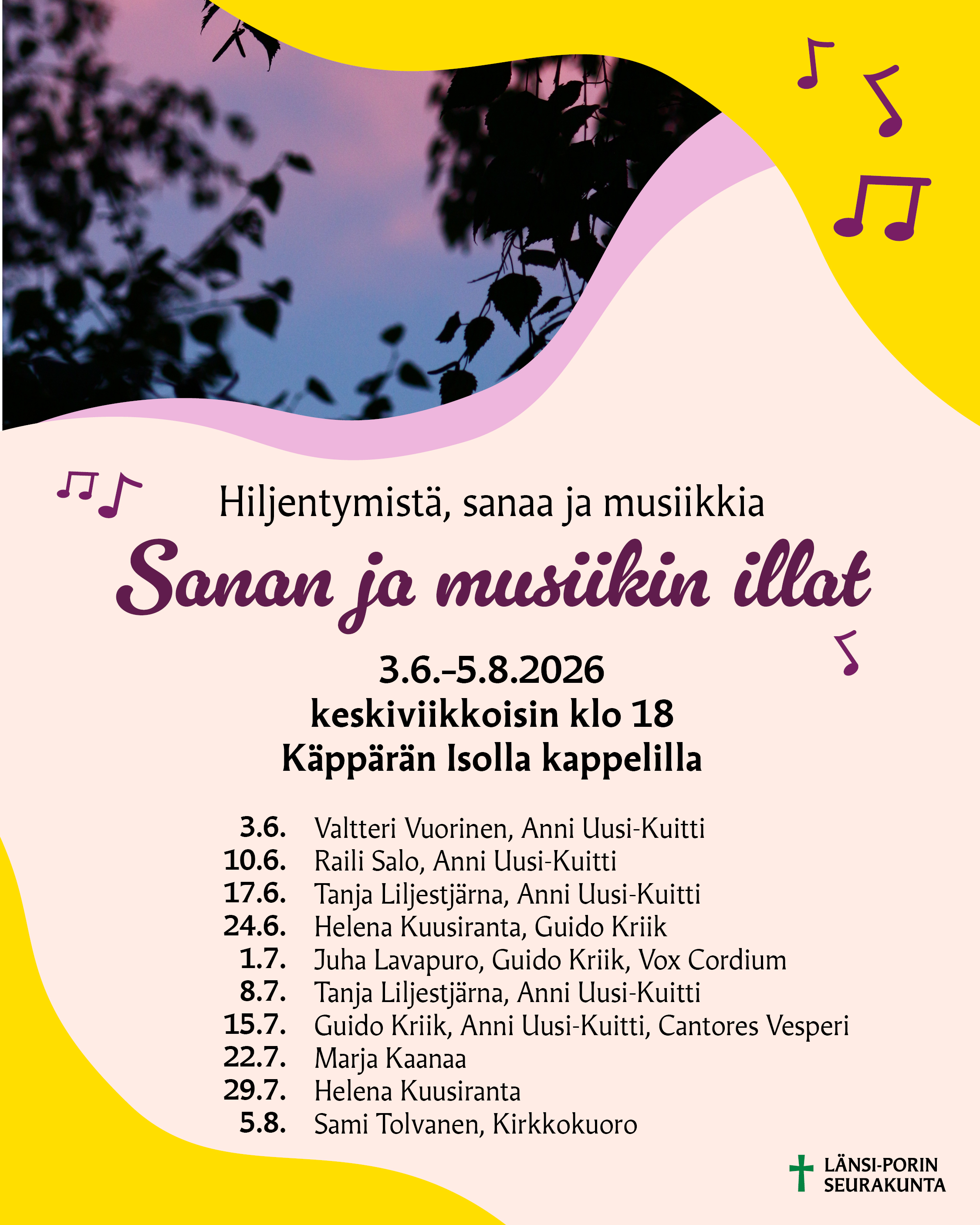 Sanan ja musiikin illan taitettu mainos.
